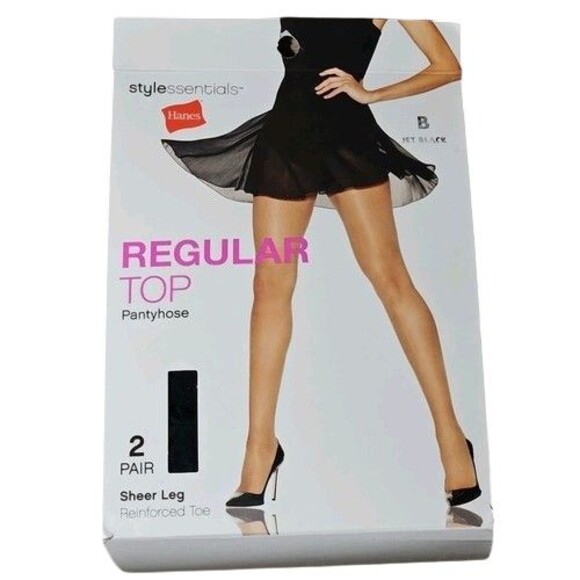 2 Prs Hanes Style Essentials Regular Top Pantyhose Sheer Leg Jet Black Size B - Picture 1 of 2